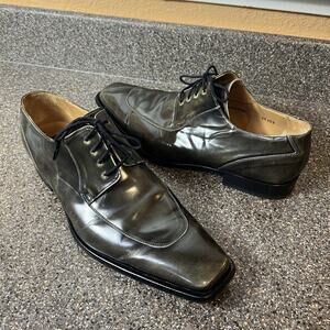 Mezlan Mens 10.5M Metallic Gray Patent Leather Derby Shoe Split Toe Apron Design